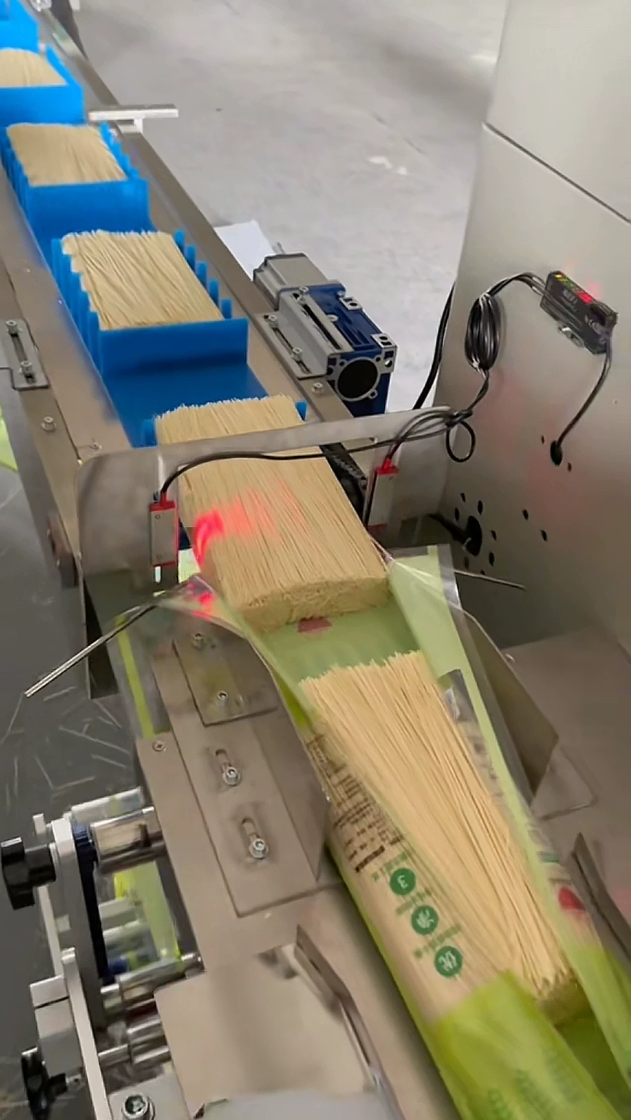 Bundled dry noodles entering a horizontal flow wrapping machine