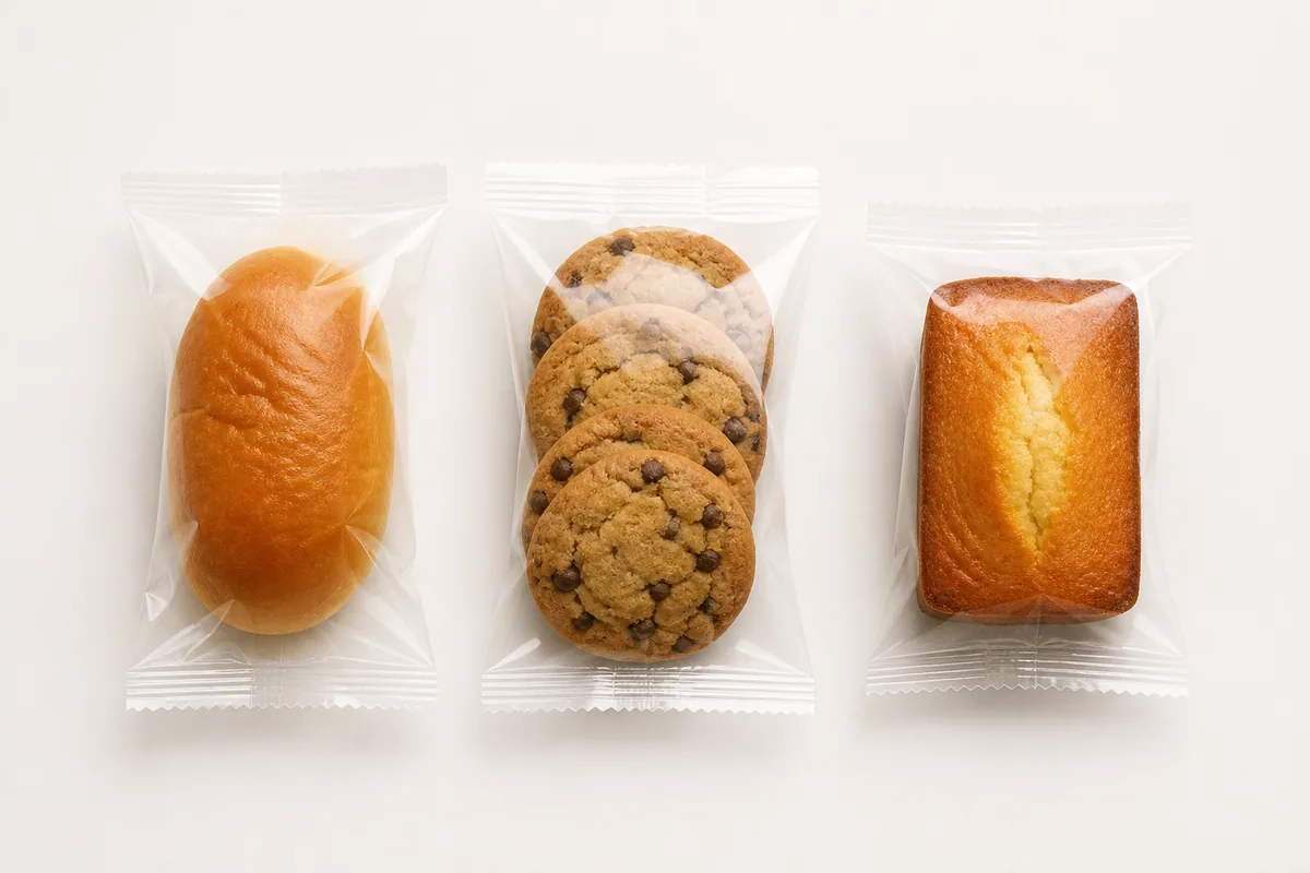 Illustrative unbranded bakery products in horizontal flow-wrap pillow packages