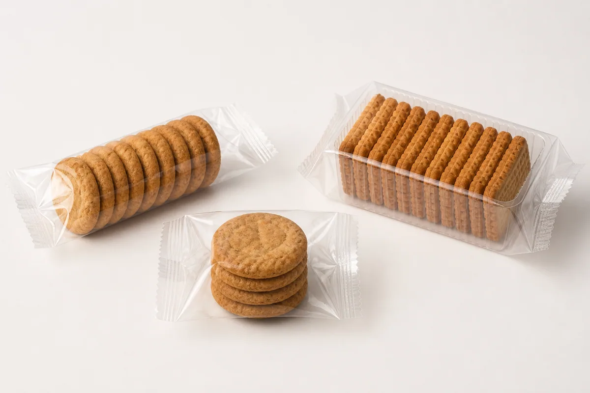 Illustrative unbranded biscuit and cookie flow-wrap pillow packages