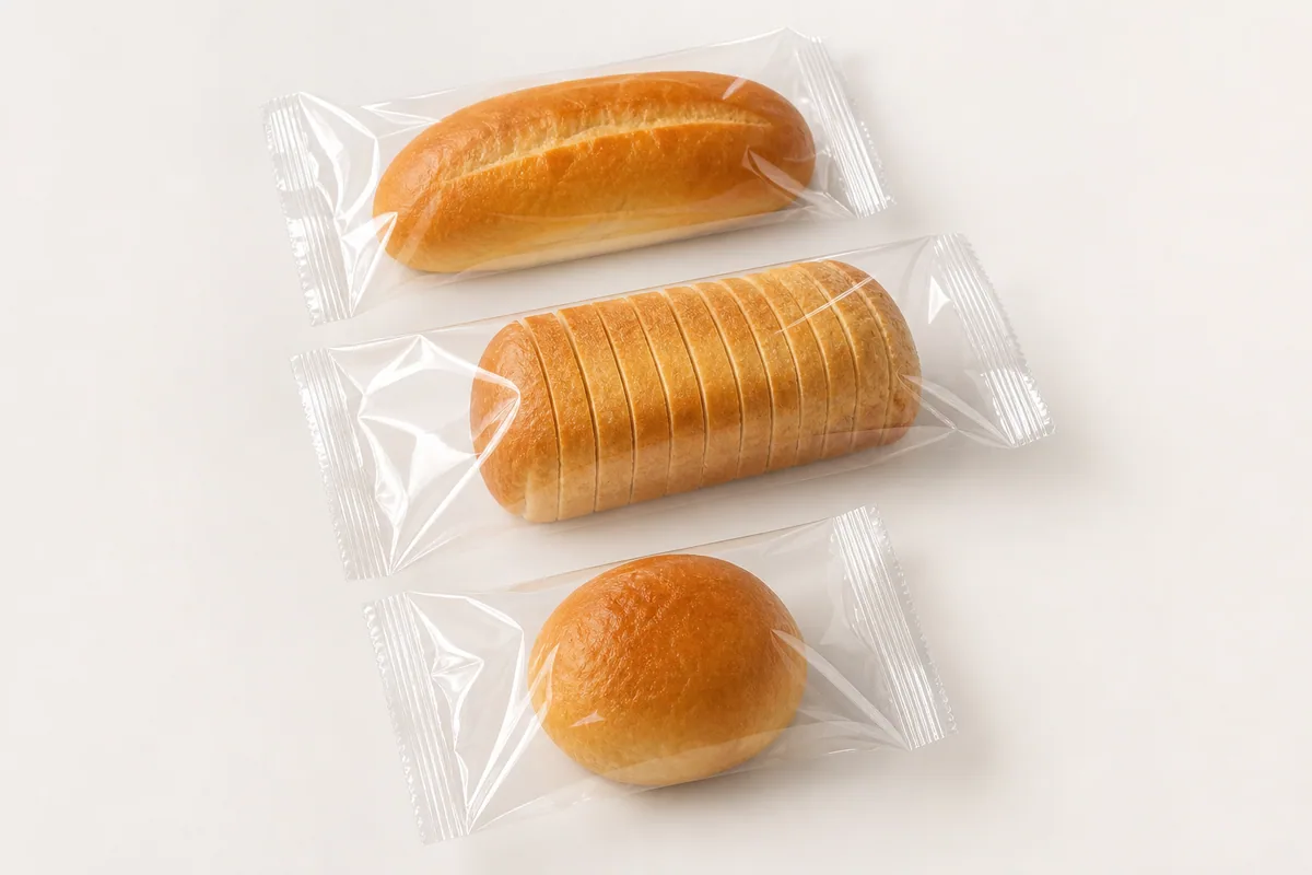 Illustrative unbranded bread rolls and small loaves in flow-wrap pillow packages