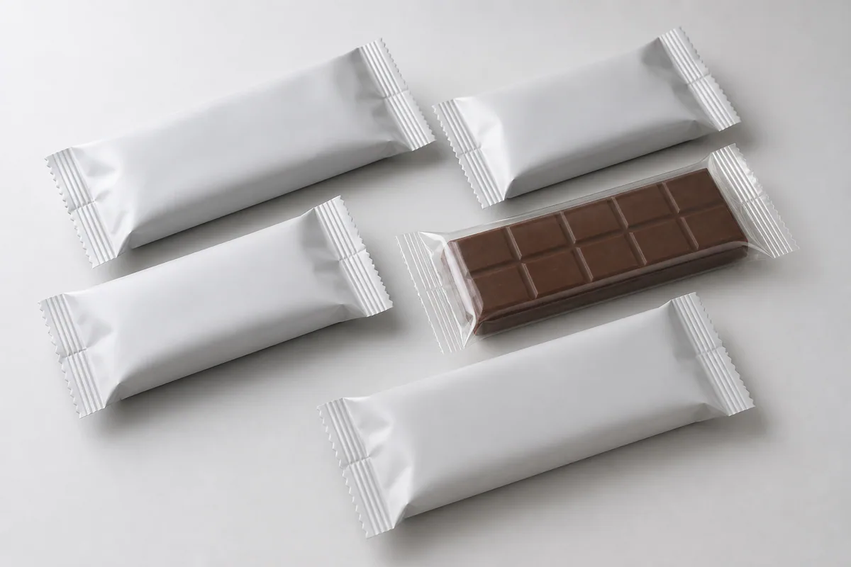 Illustrative unbranded chocolate bars in horizontal pillow packages