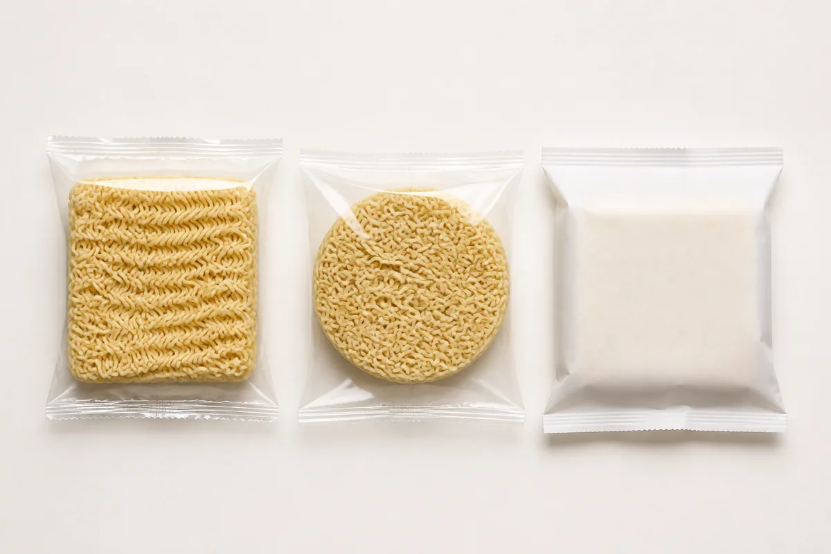 Illustrative unbranded square and round instant noodle cakes in pillow packages