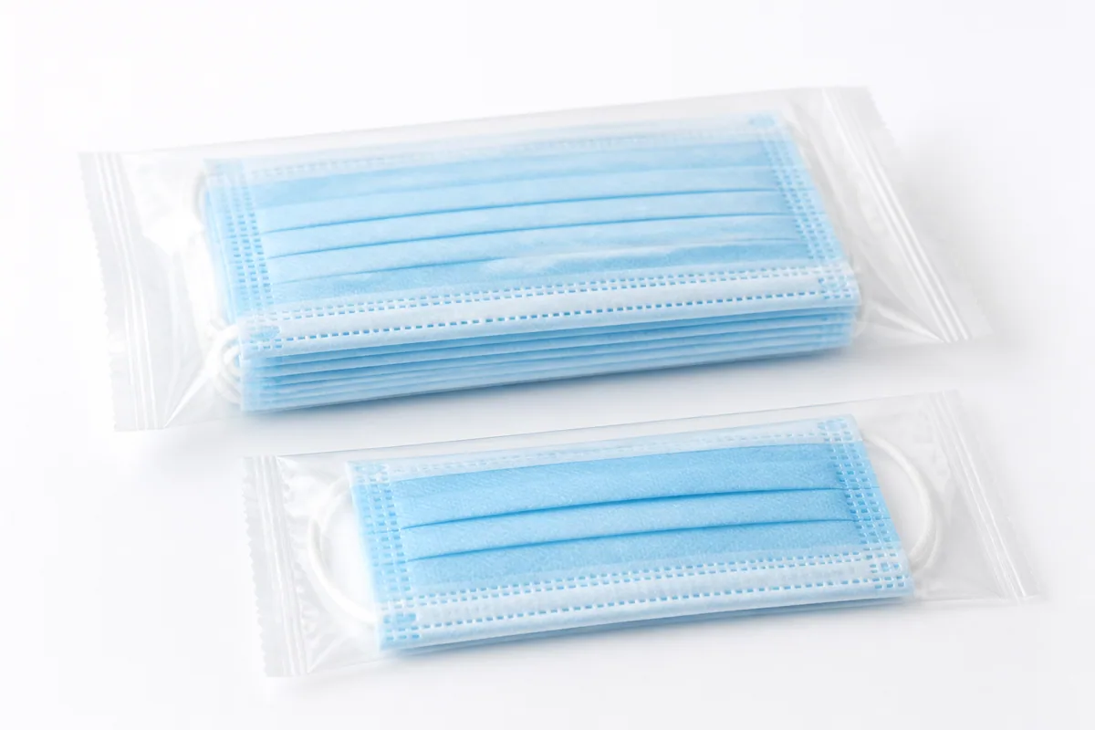 Illustrative unbranded medical masks in individual and stacked flow-wrap packages