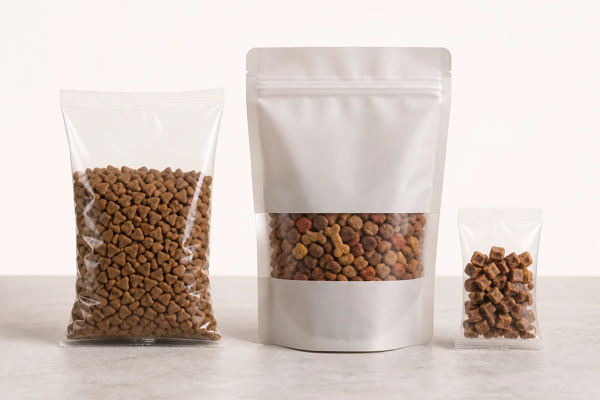 Illustrative unbranded cat food, dog food and pet treat package formats