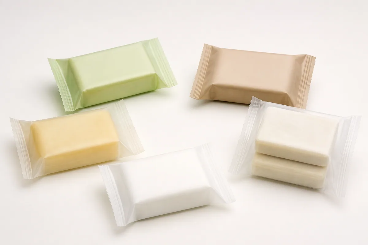 Illustrative unbranded solid bar soap in horizontal flow-wrap pillow packages