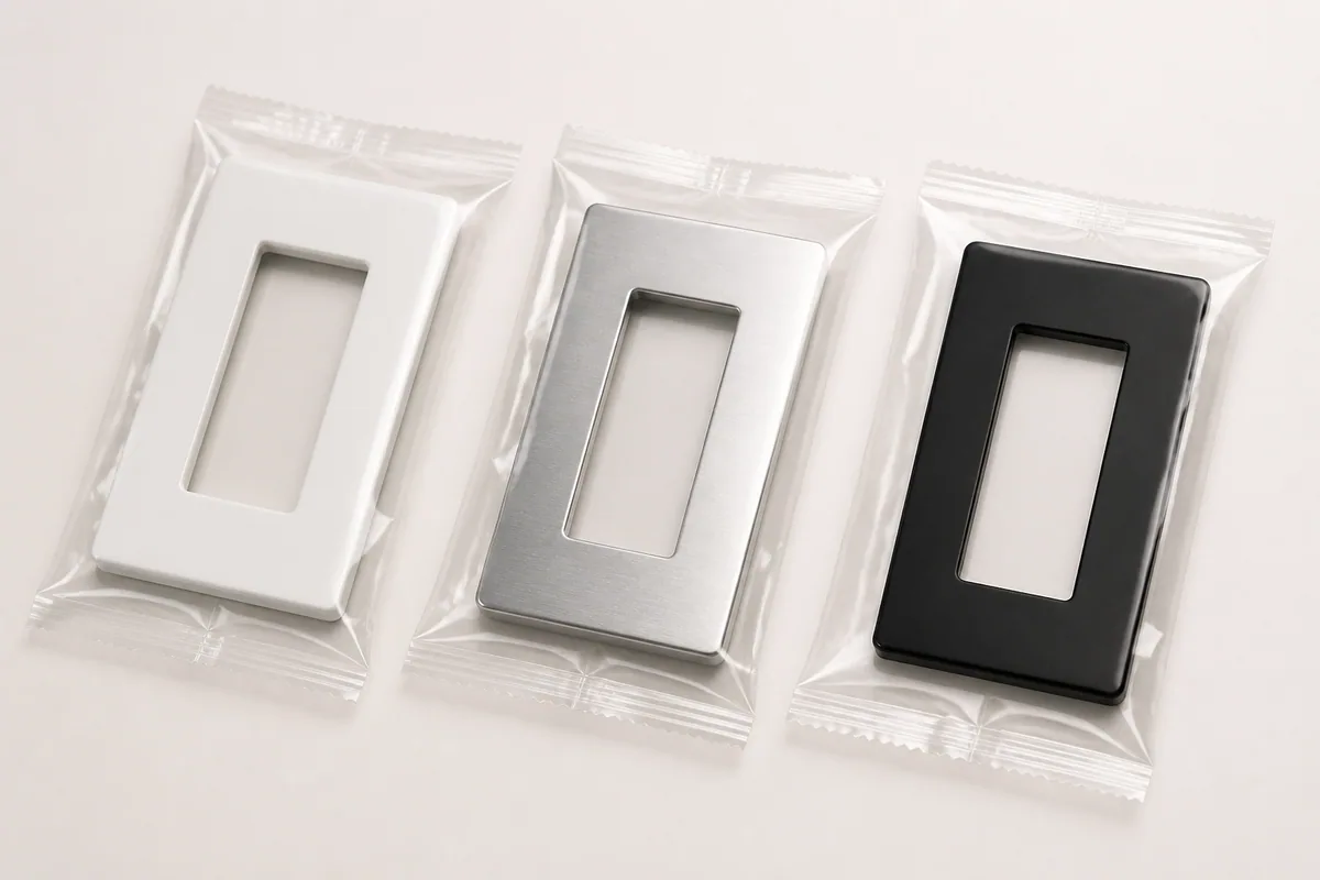 Illustrative decorative wall switch plates in individual horizontal flow-wrap packages