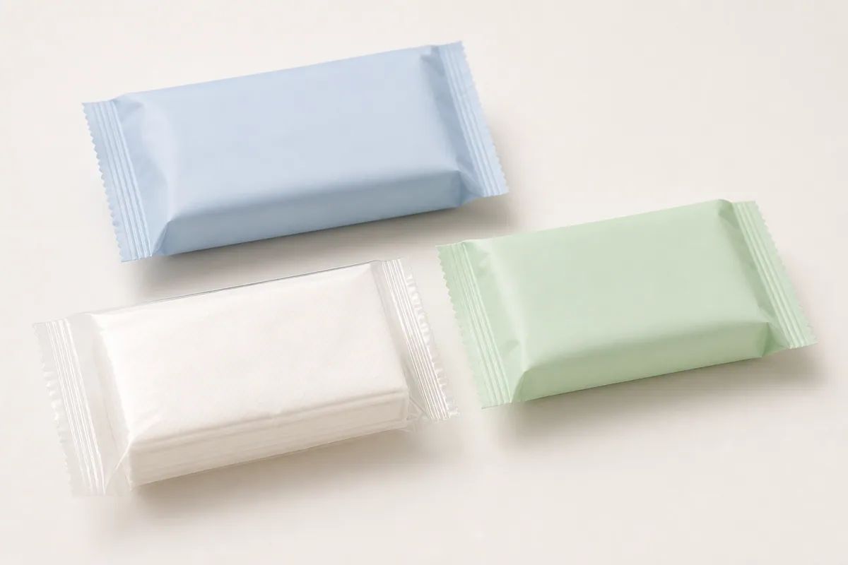 Illustrative unbranded pocket tissue packages made by horizontal flow wrapping