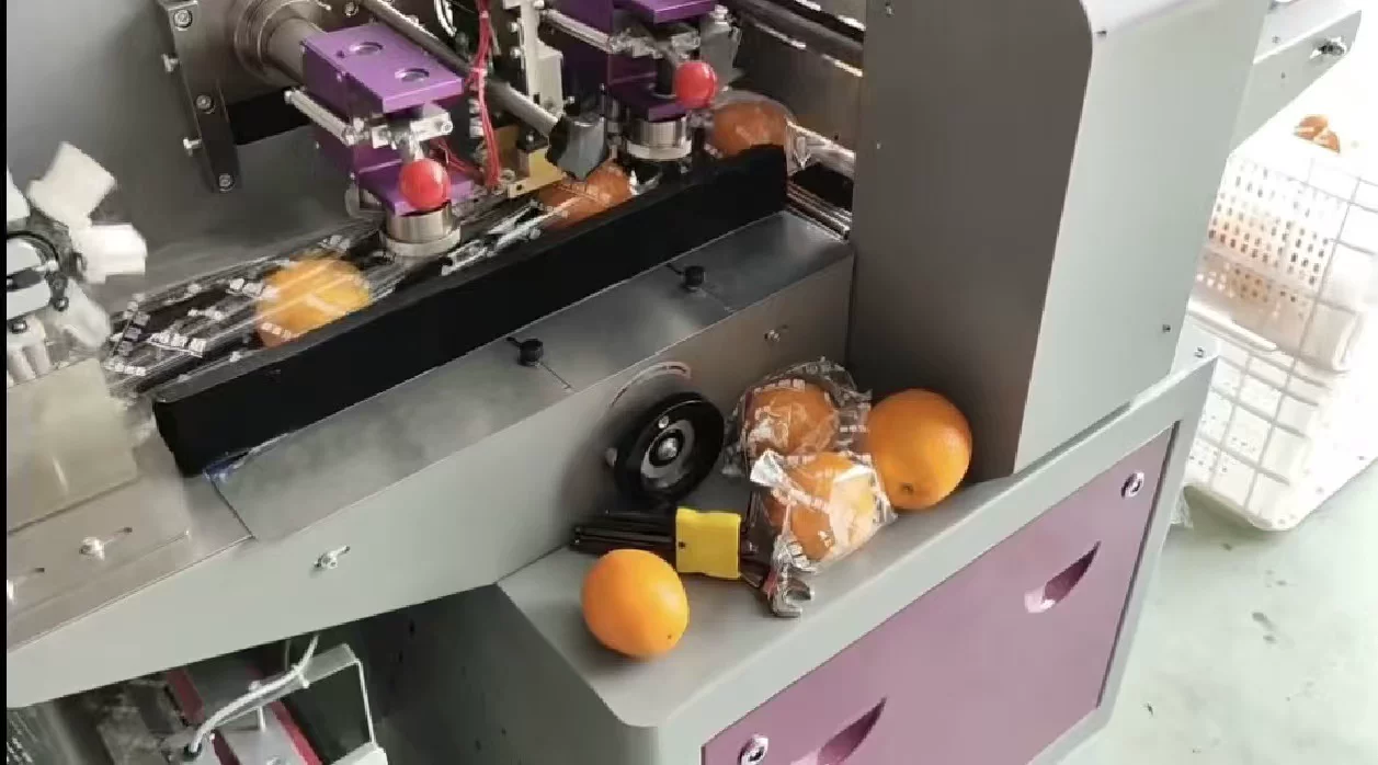 Orange fruit passing through a horizontal flow wrapping machine